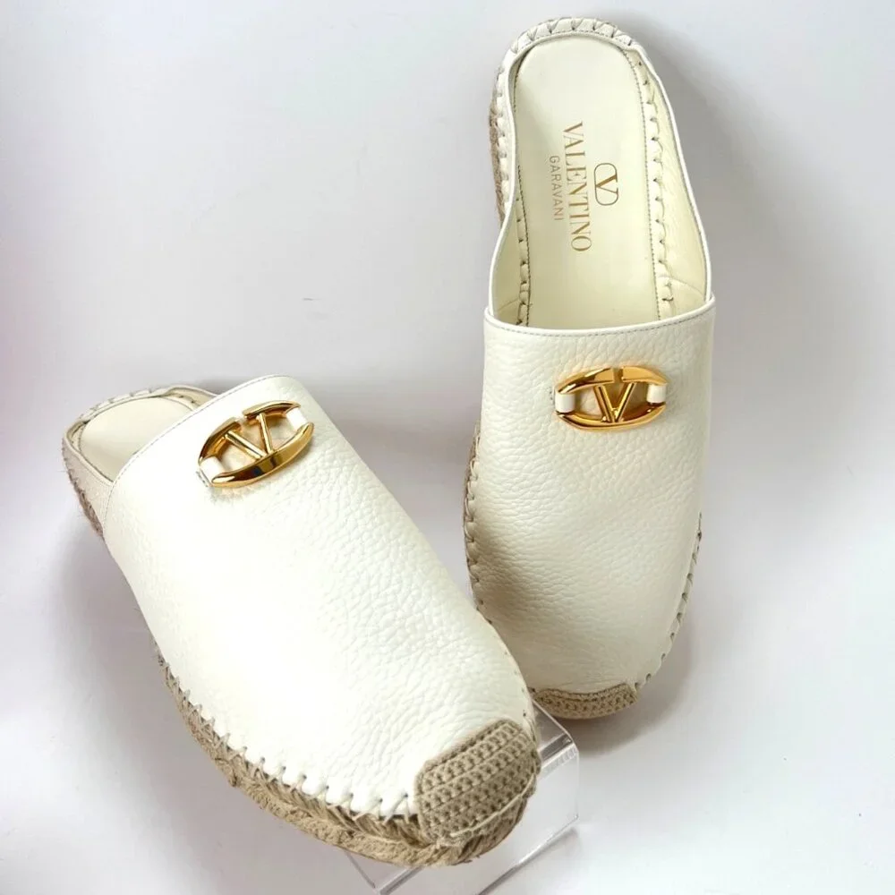 Valentino Garavani V Logo Leather Medallion Espadrille Mules Size 39